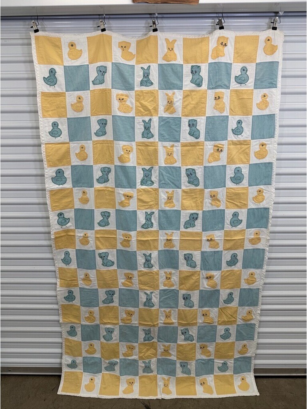 Vintage Nursery Quilt Checkerboard Animal Appliques Pastel Palette Aqua Blue Lar